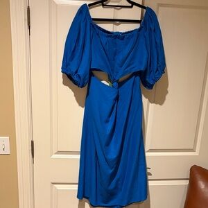 NWT FARM Rio Royal Blue Puff-Sleeve Cutout Midi Dress